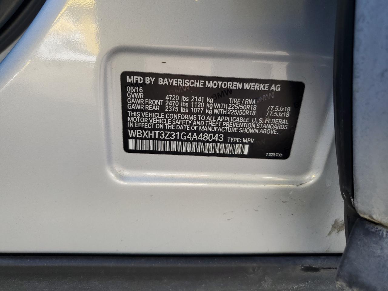 2016 BMW X1 VIN WBXHT3Z31G4A48043 Copart auction photo, side damage thumbnail 13