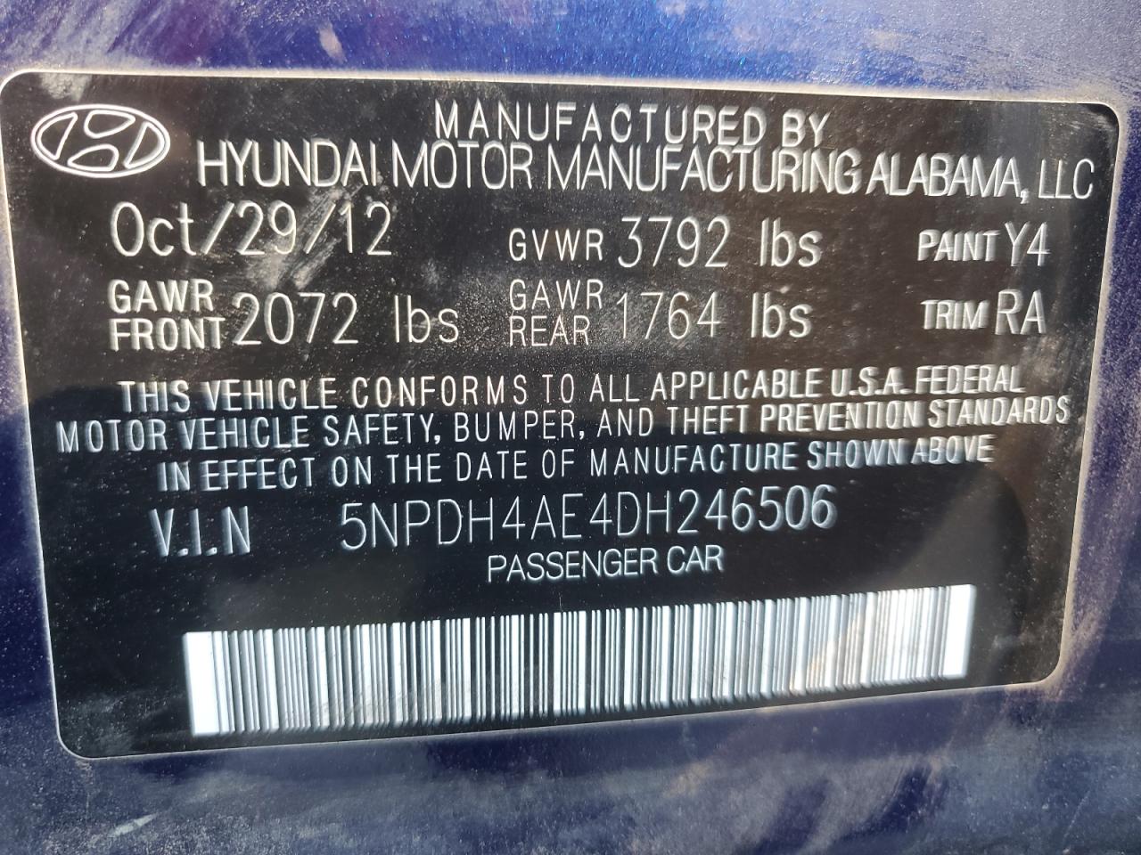 2013 Hyundai Elantra VIN 5NPDH4AE4DH246506 Copart auction photo, front end / side damage thumbnail 13