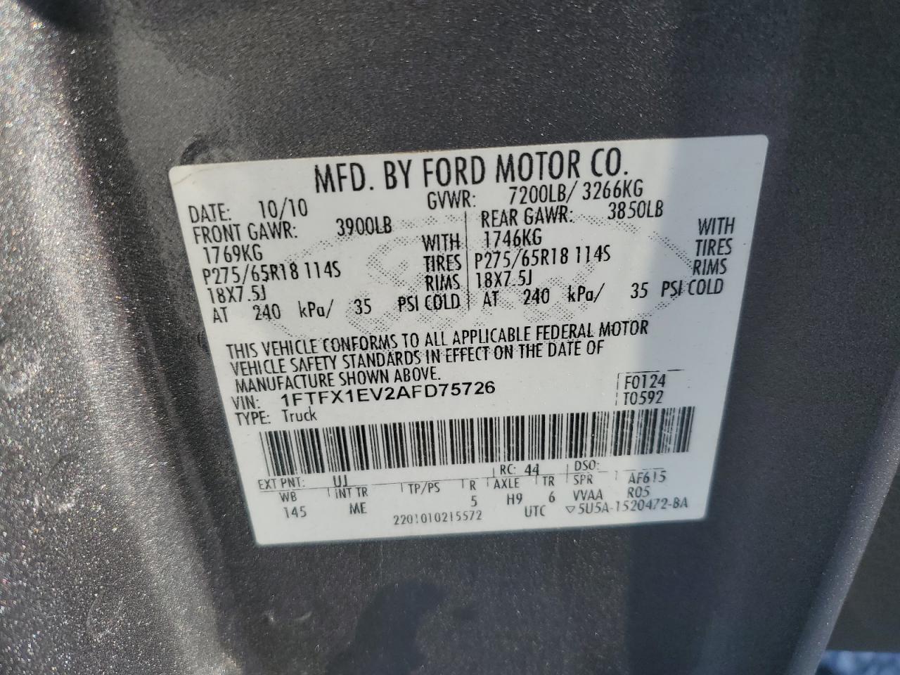 2010 Ford F-150 VIN 1FTFX1EV2AFD75726 Copart auction photo, front end / side damage thumbnail 13