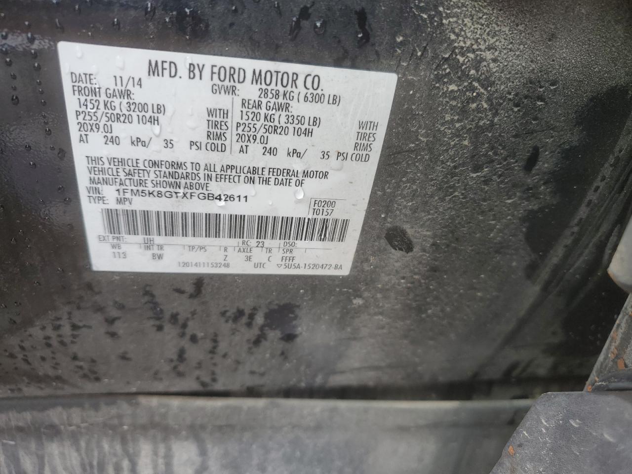 2015 Ford Explorer VIN 1FM5K8GTXFGB42611 Copart auction photo, side damage thumbnail 13