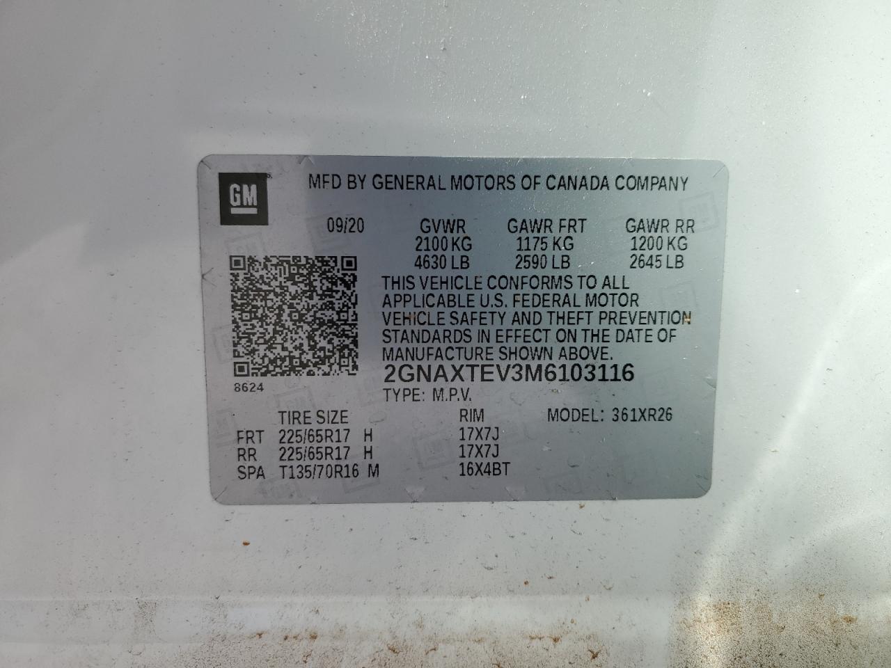 2021 Chevrolet Equinox VIN 2GNAXTEV3M6103116 Copart auction photo, front end / side damage thumbnail 15