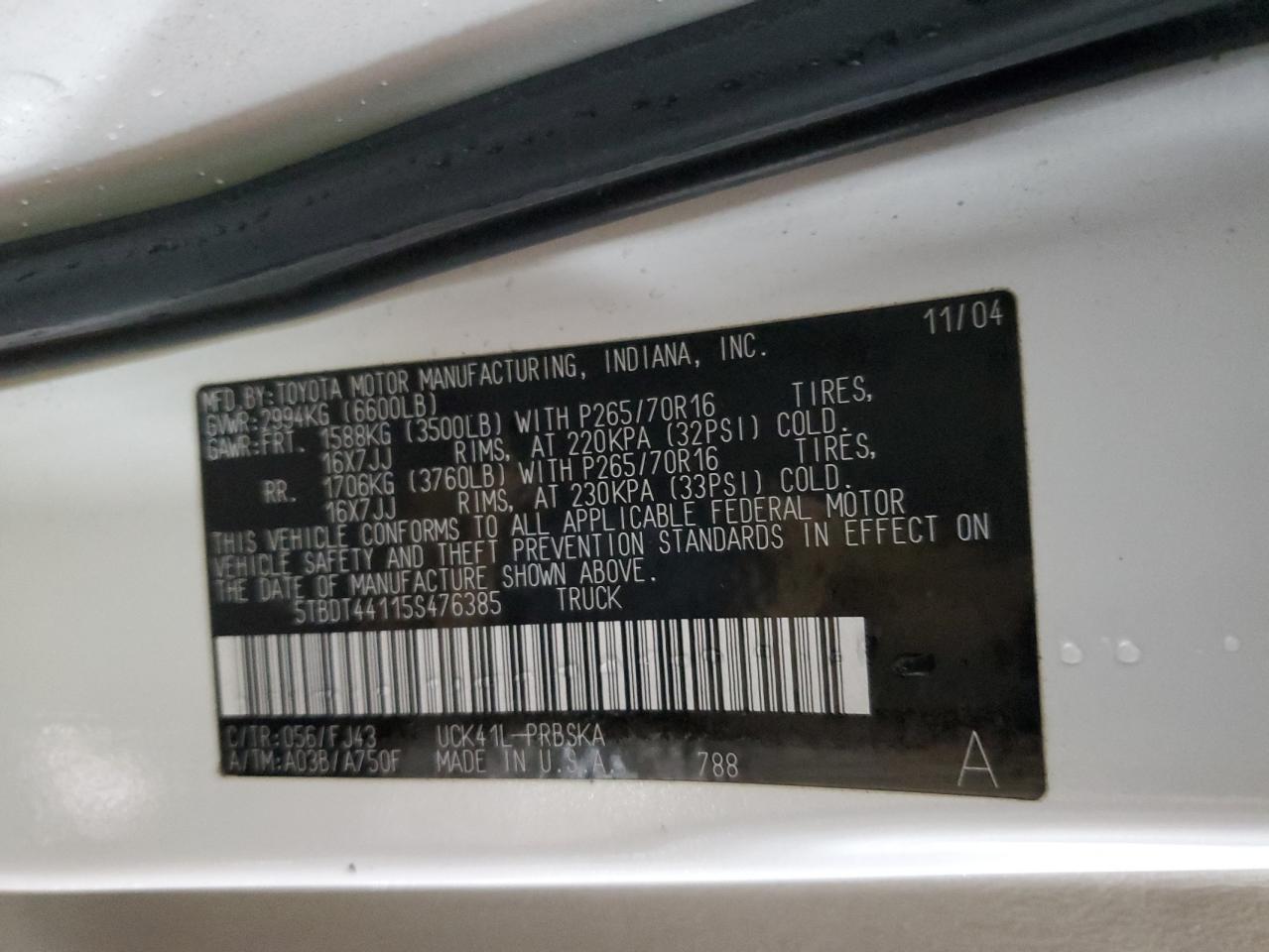 2005 Toyota Tundra VIN 5TBDT44115S476385 Copart auction photo, front end / rear end damage thumbnail 13
