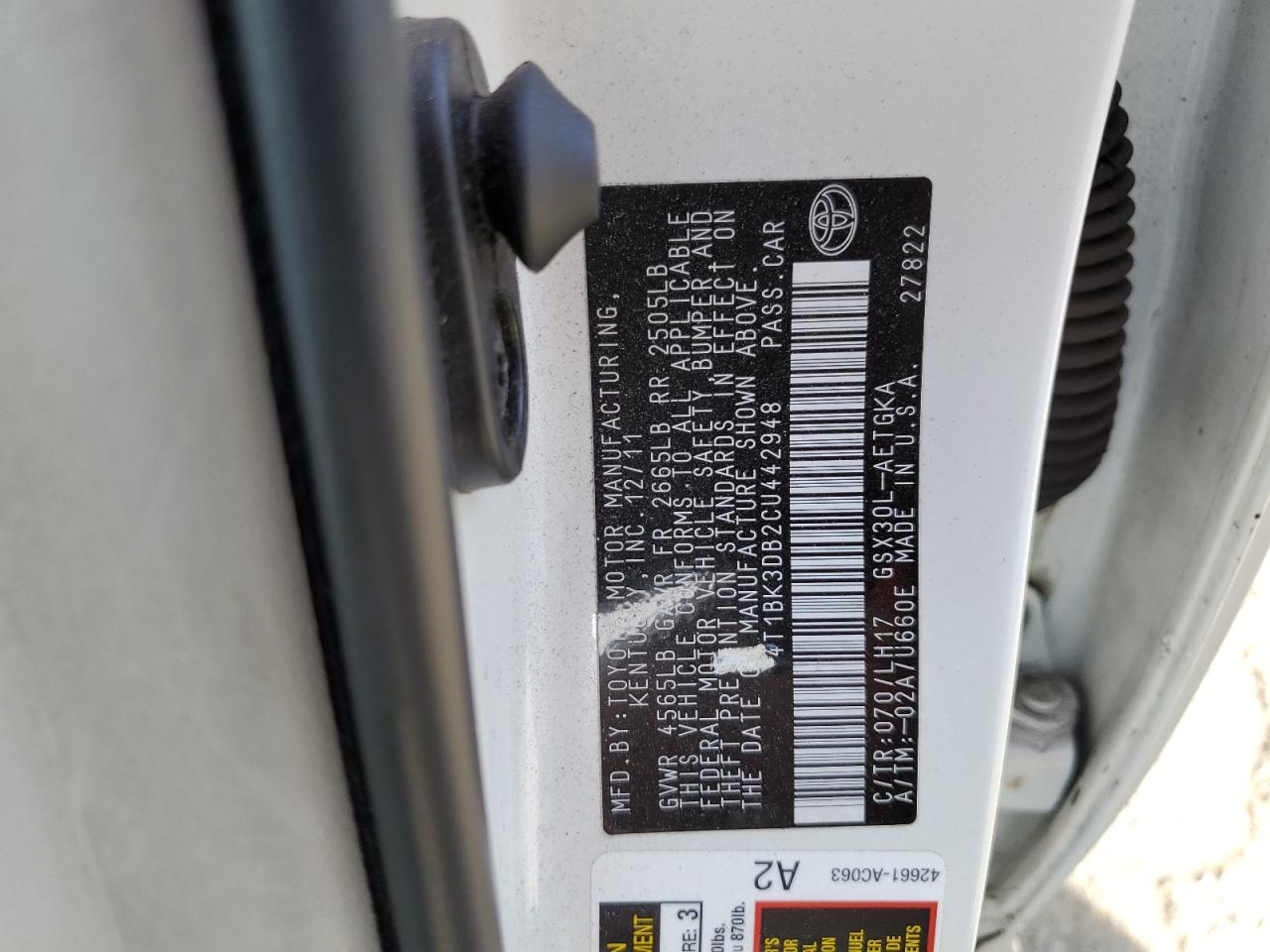 2012 Toyota Avalon VIN 4T1BK3DB2CU442948 Copart auction photo, rollover / undercarriage damage thumbnail 14