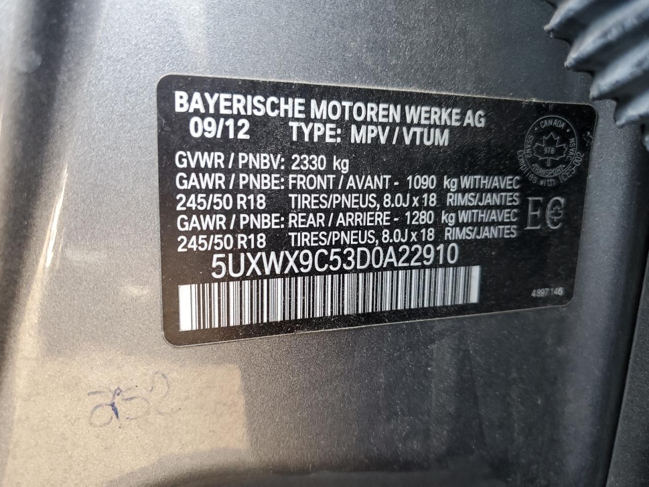 2013 BMW X3 VIN 5UXWX9C53D0A22910 Copart auction photo, front end damage thumbnail 13