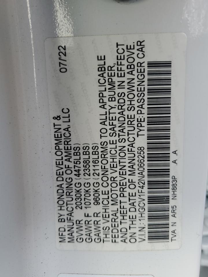 2022 Honda Accord VIN 1HGCV1F42NA066258 Copart auction photo, rear end damage thumbnail 15
