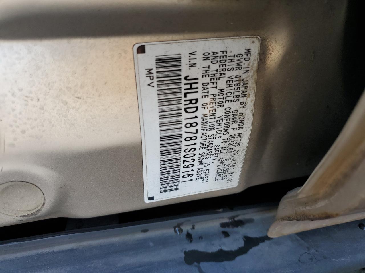 2001 Honda CR-V VIN JHLRD18781S029161 Copart auction photo, rear end / undercarriage damage thumbnail 13