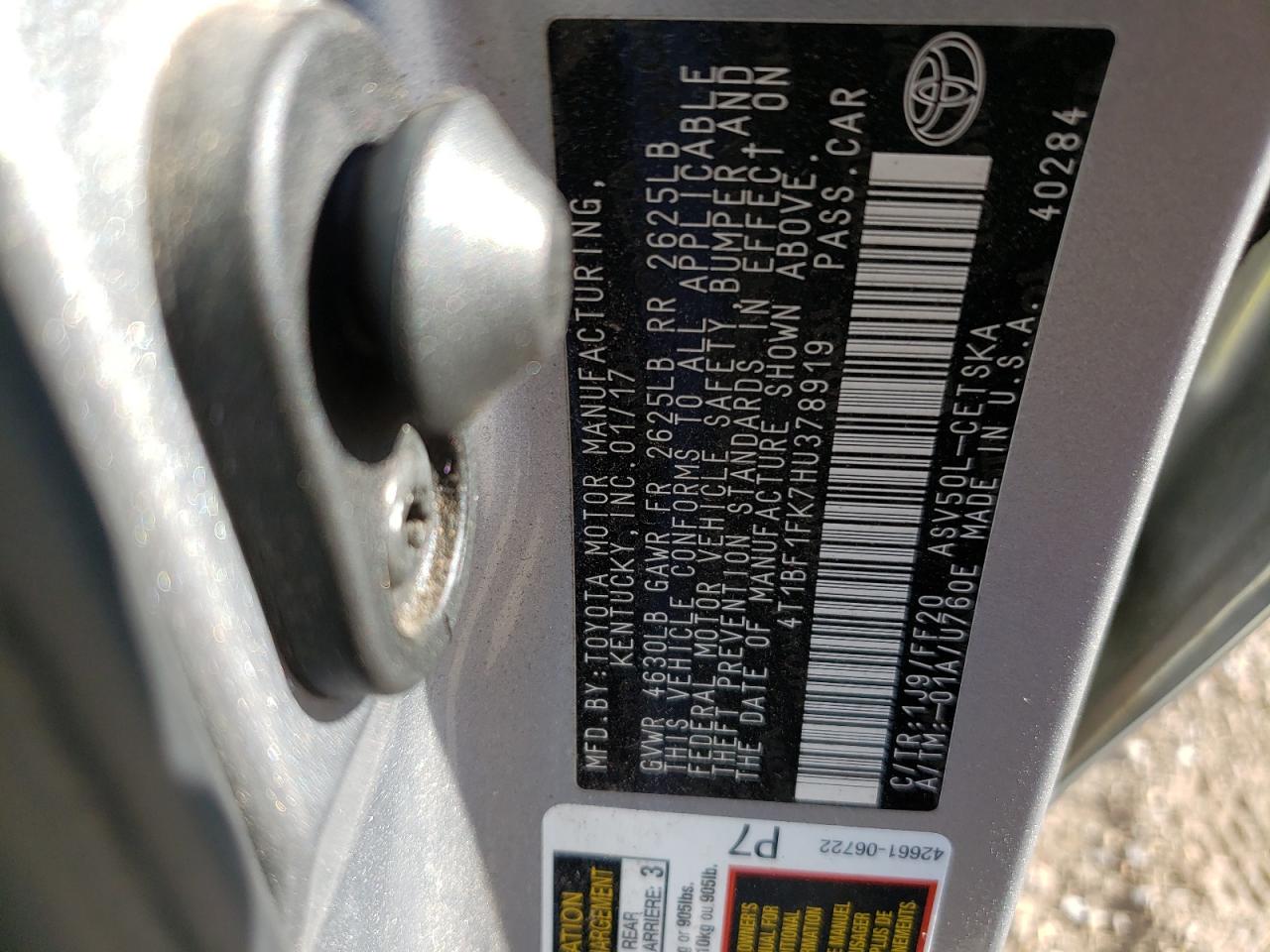 2017 Toyota Camry VIN 4T1BF1FK7HU378919 Copart auction photo, front end damage thumbnail 13