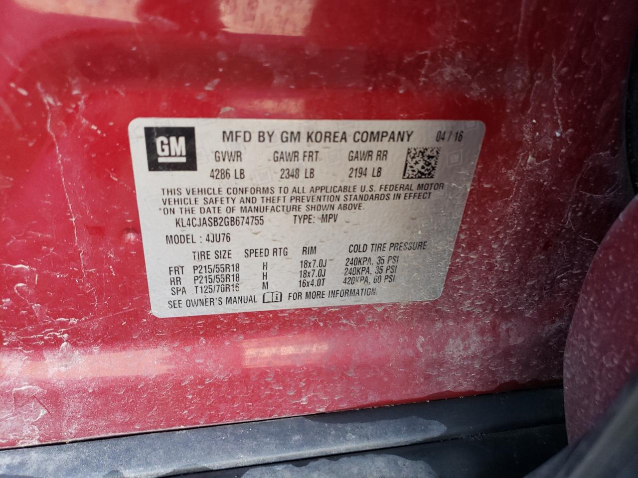 2016 Buick Encore VIN KL4CJASB2GB674755 Copart auction photo, rollover damage thumbnail 13