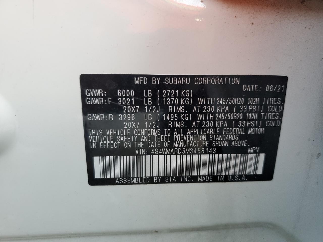 2021 Subaru Ascent VIN 4S4WMARD5M3458143 Copart auction photo, all over damage thumbnail 12