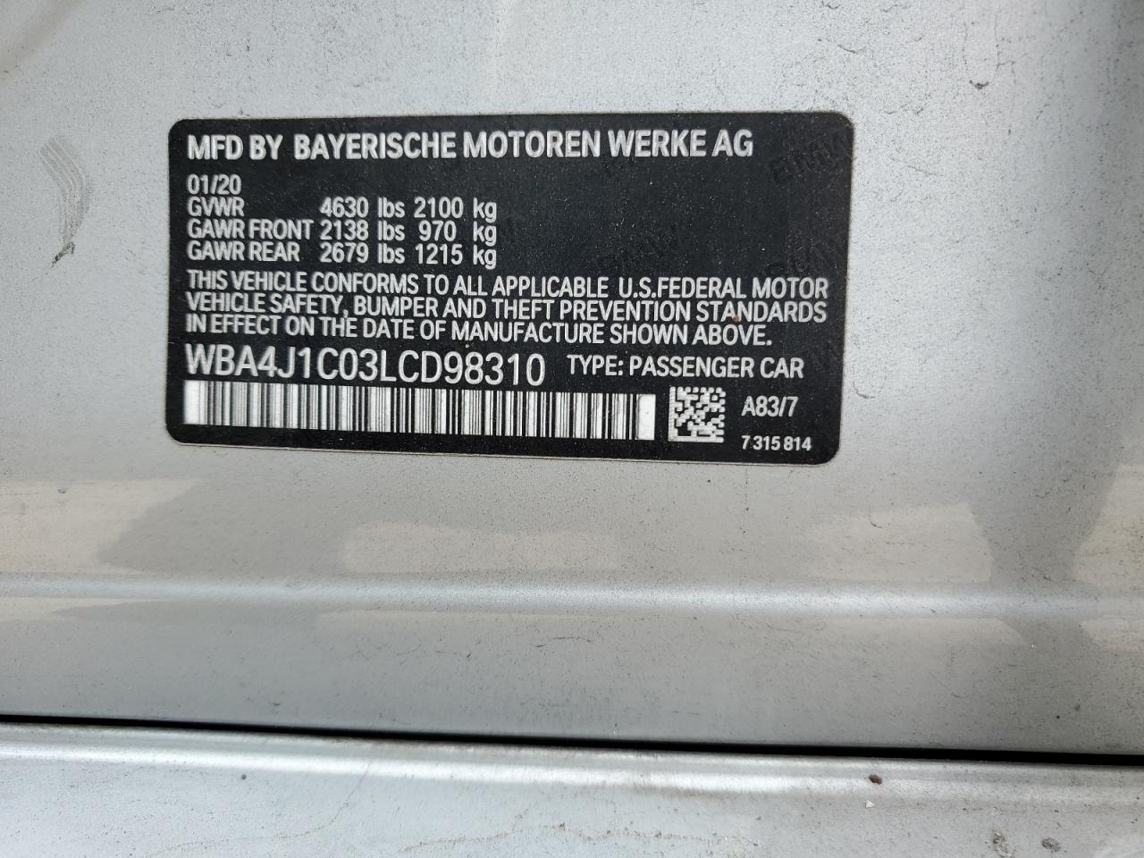 2020 BMW 4er VIN WBA4J1C03LCD98310 Copart auction photo, front end damage thumbnail 14