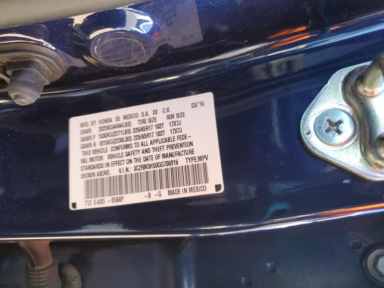 2016 Honda CR-V VIN 3CZRM3H50GG706916 Copart auction photo, front end / side damage thumbnail 15