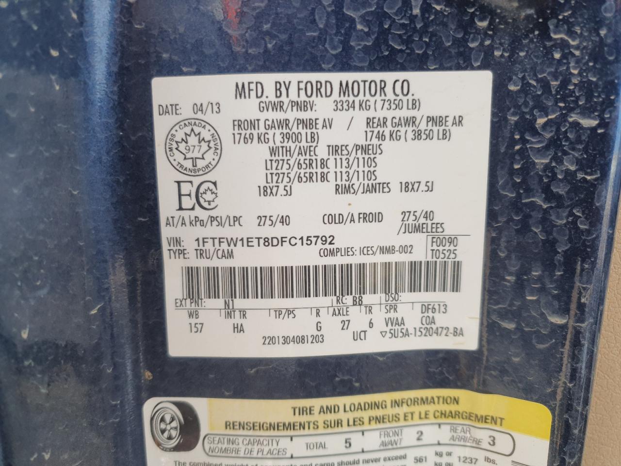 2013 Ford F-150 VIN 1FTFW1ET8DFC15792 Copart auction photo, side damage thumbnail 12