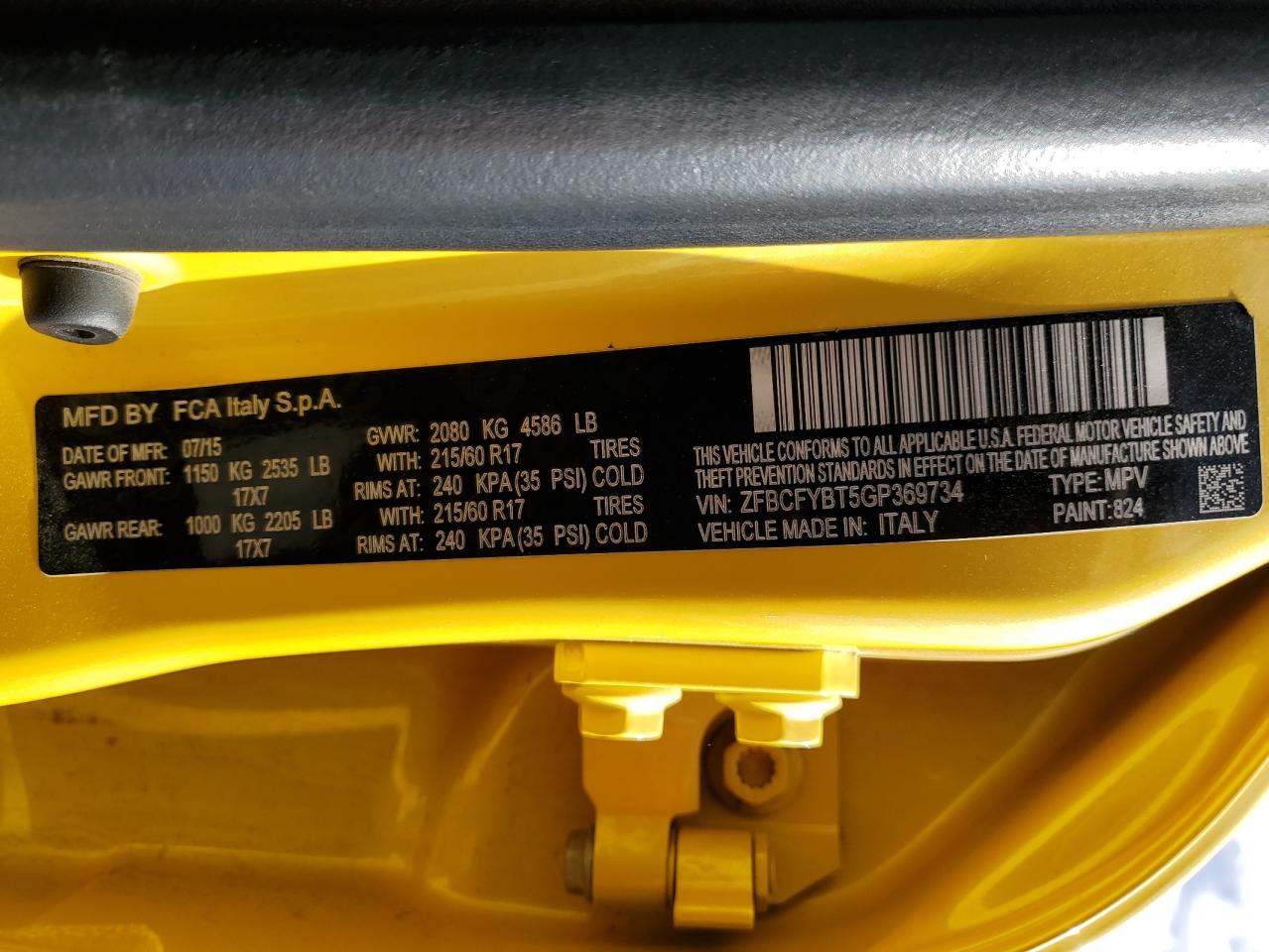 2016 Fiat 500 VIN ZFBCFYBT5GP369734 Copart auction photo, front end damage thumbnail 12
