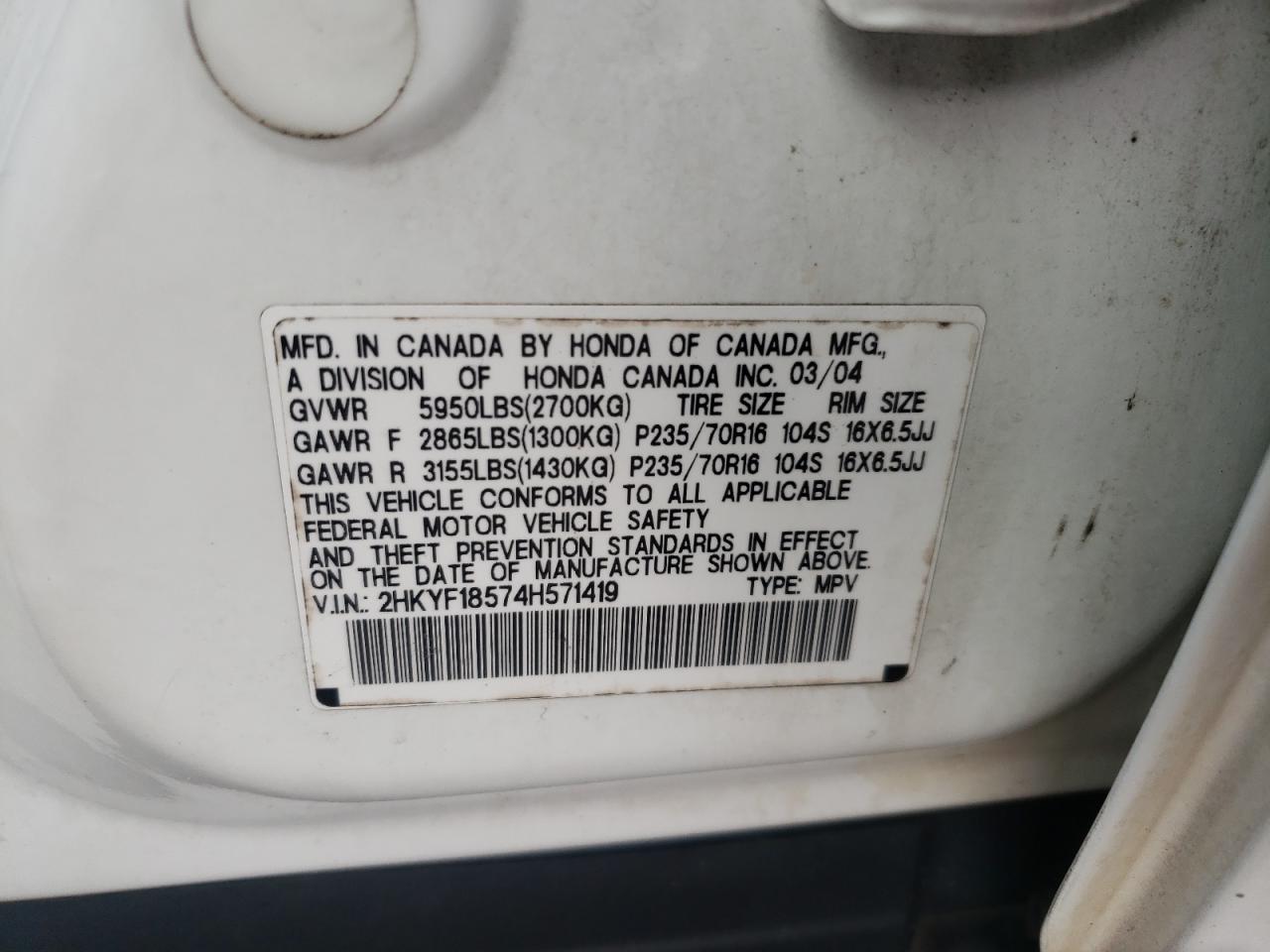 2004 Honda Pilot VIN 2HKYF18574H571419 Copart auction photo, all over damage thumbnail 12