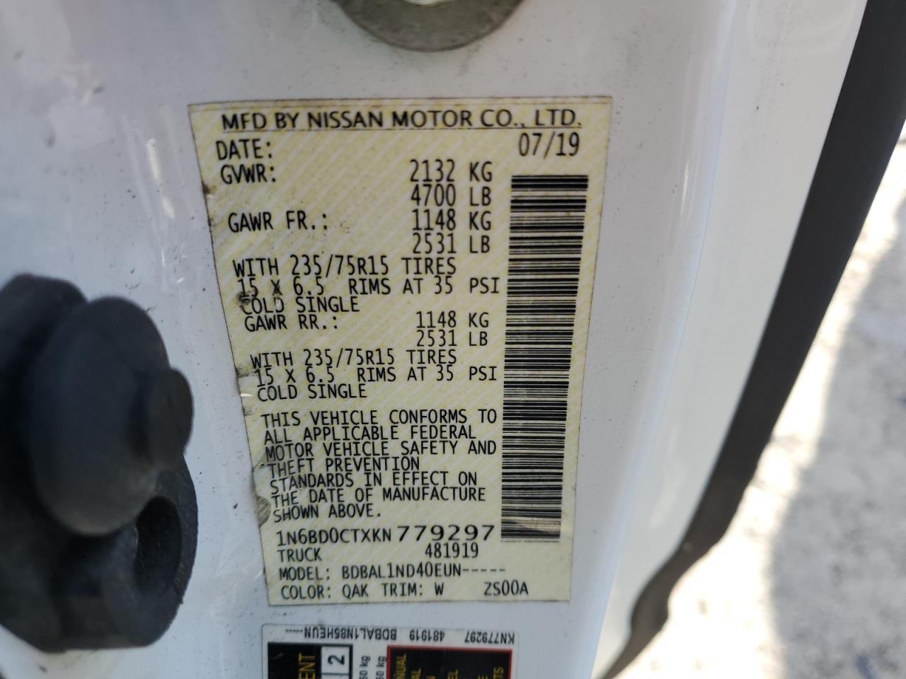2019 Nissan Navara (Frontier) VIN 1N6BD0CTXKN779297 Copart auction photo, front end damage thumbnail 12