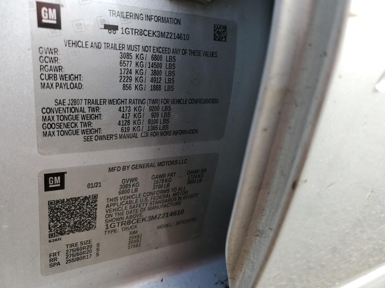 2021 GMC Sierra VIN 1GTR8CEK3MZ214610 Copart auction photo, front end / side damage thumbnail 14