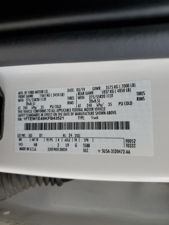 2019 Ford F-150 VIN 1FTEW1E49KFB43521 Copart auction photo, rear end damage thumbnail 13