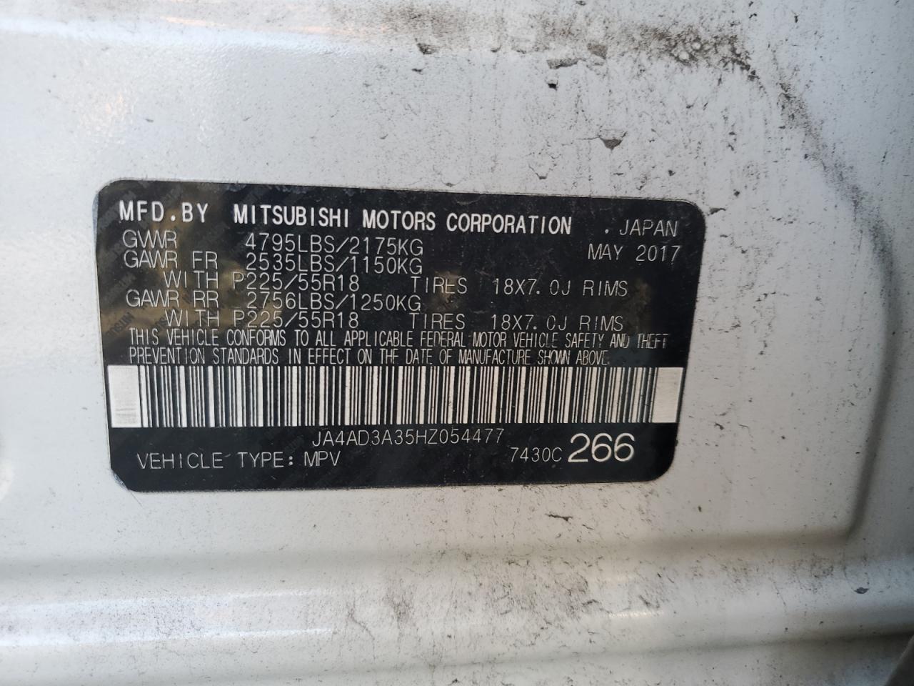 2017 Mitsubishi Outlander VIN JA4AD3A35HZ054477 Copart auction photo, front end / minor dent/scratches damage thumbnail 14