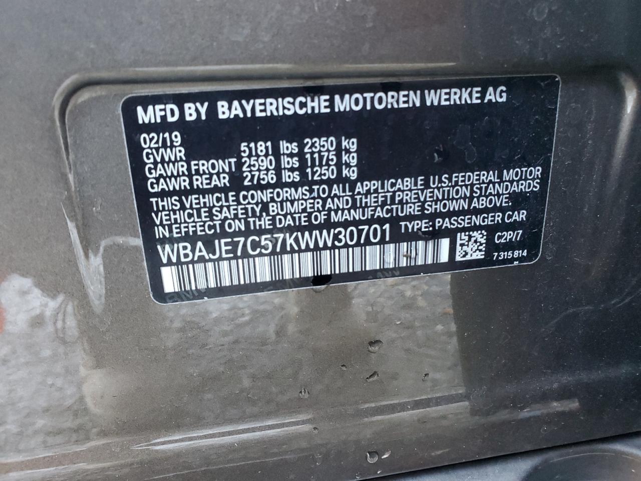 2019 BMW 5er VIN WBAJE7C57KWW30701 Copart auction photo, front end damage thumbnail 14