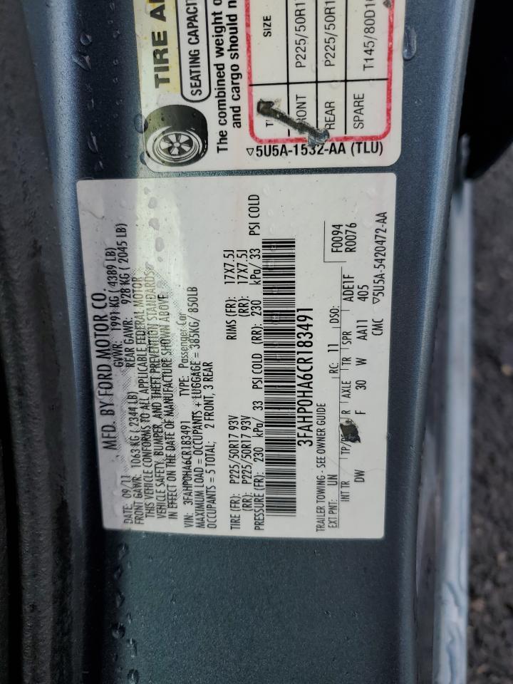 2012 Ford Fusion VIN 3FAHP0HA6CR183491 Copart auction photo, front end / minor dent/scratches damage thumbnail 12