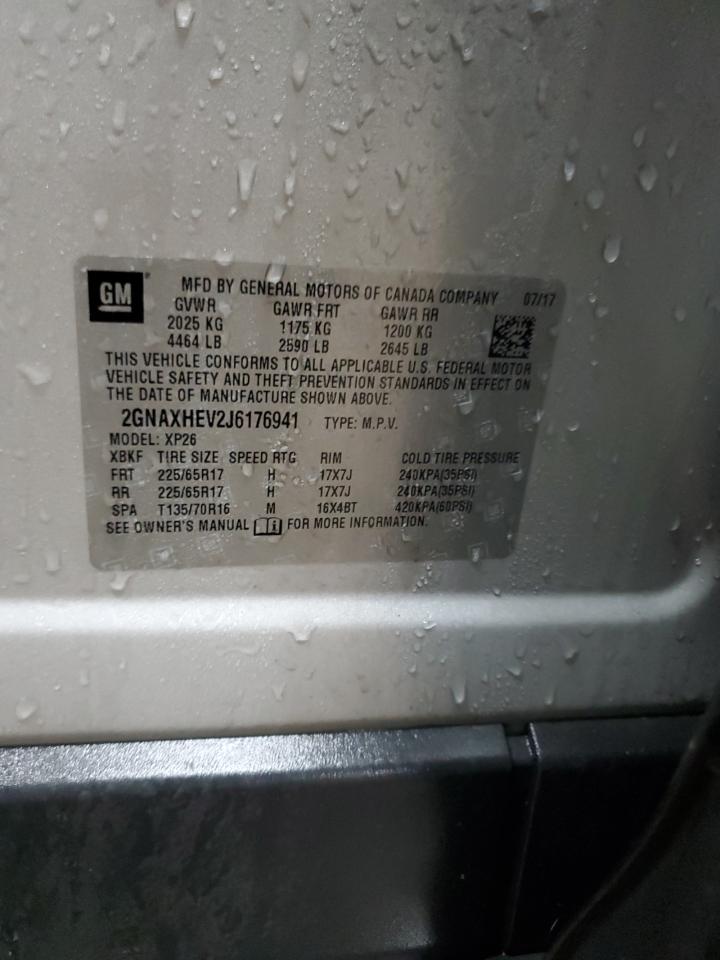 2018 Chevrolet Equinox VIN 2GNAXHEV2J6176941 Copart auction photo, side / front end damage thumbnail 13