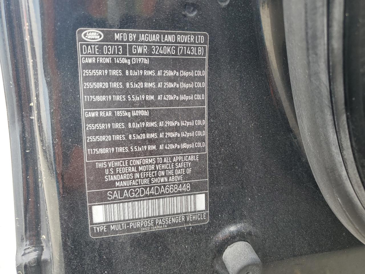 2013 Land Rover LR4 VIN SALAG2D44DA668448 Copart auction photo, front end / side damage thumbnail 14