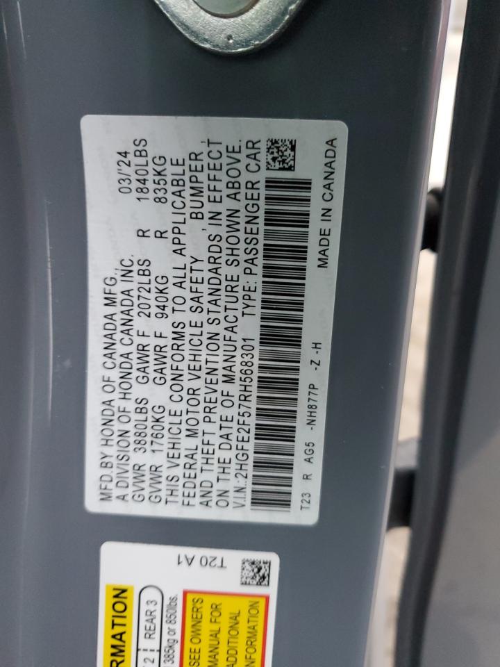 2024 Honda Civic VIN 2HGFE2F57RH568301 Copart auction photo, side / rear end damage thumbnail 12