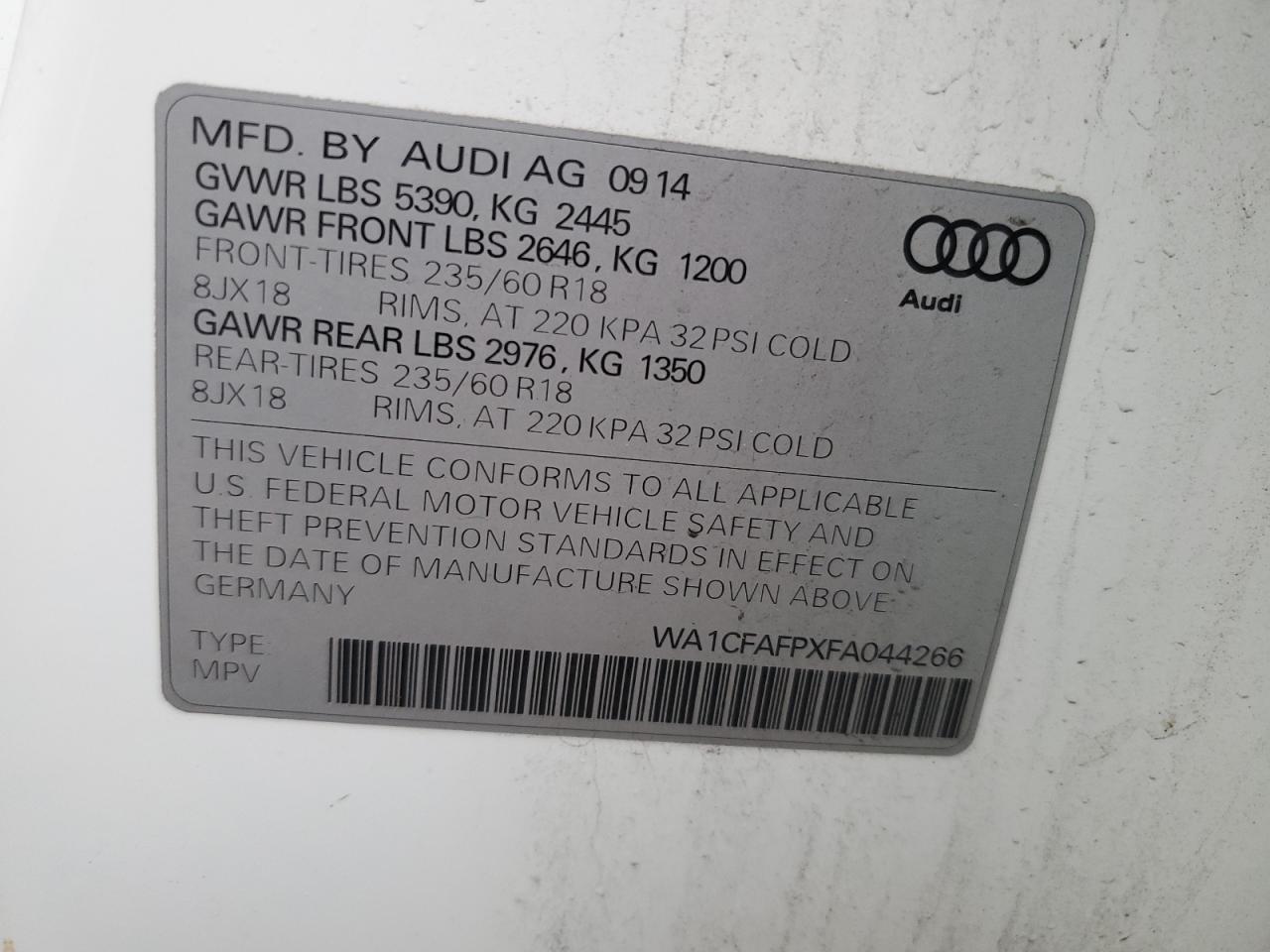 2015 Audi Q5 VIN WA1CFAFPXFA044266 Copart auction photo, front end damage thumbnail 15