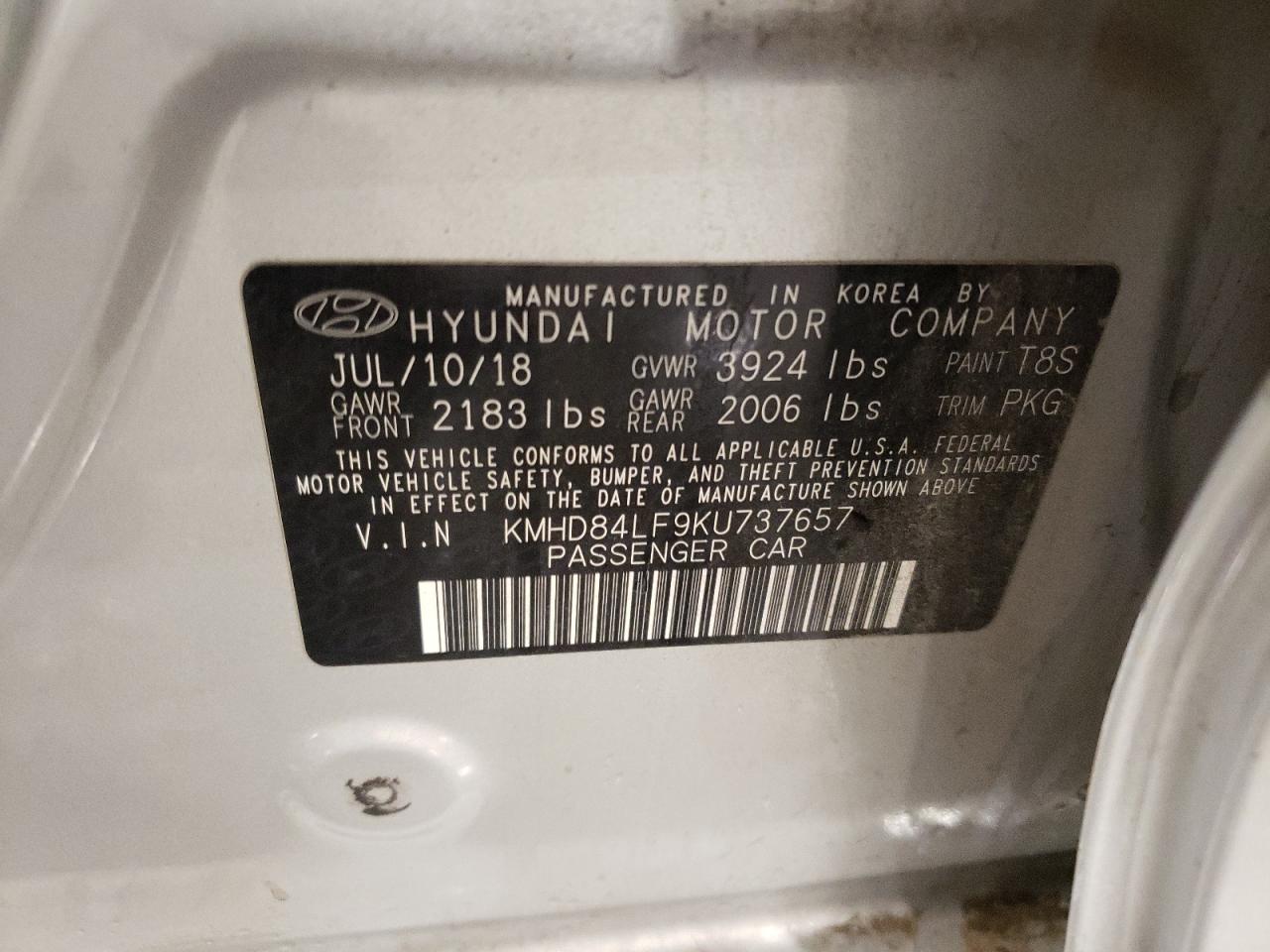 2019 Hyundai Elantra VIN KMHD84LF9KU737657 Copart auction photo, front end / rear end damage thumbnail 14