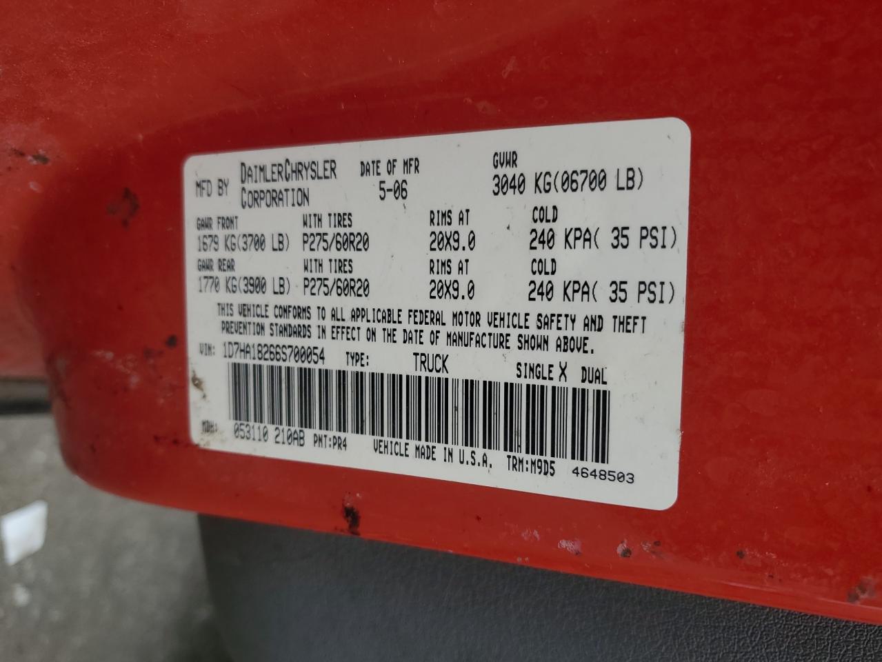 2006 Dodge RAM VIN 1D7HA18266S700054 Copart auction photo, rear end damage thumbnail 12