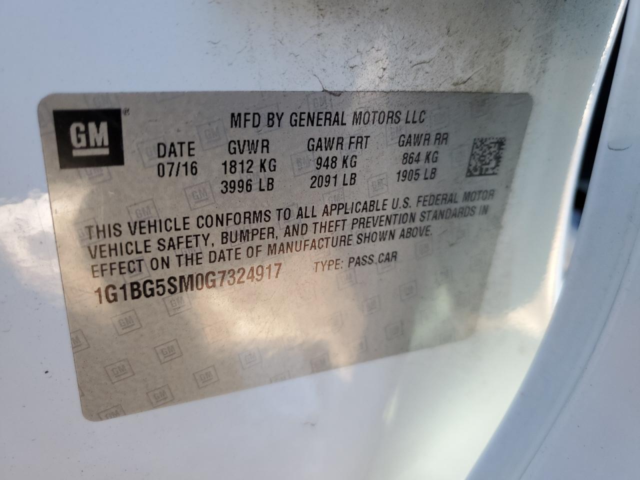 2016 Chevrolet Cruze VIN 1G1BG5SM0G7324917 Copart auction photo, minor dent/scratches damage thumbnail 12