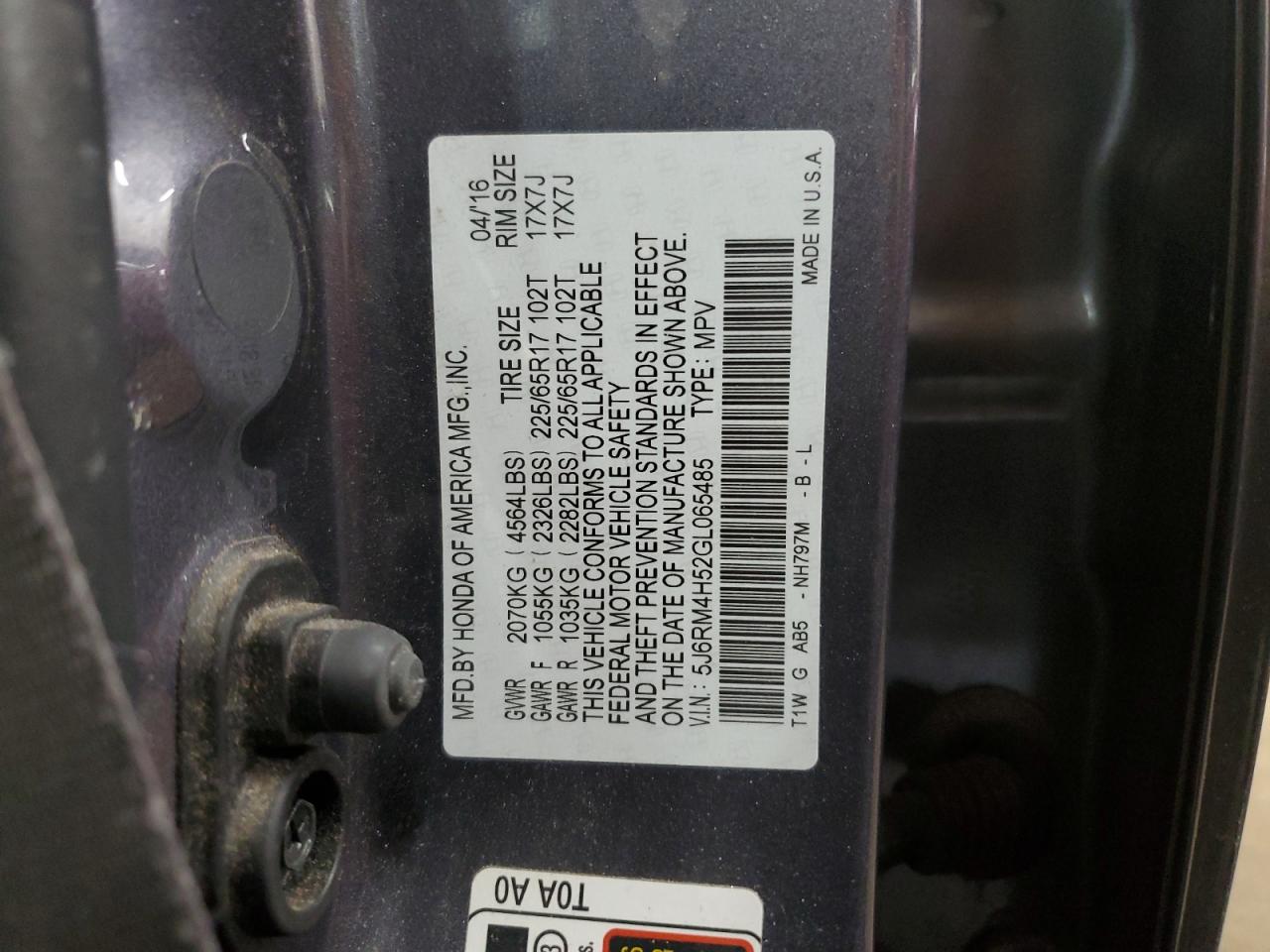 2016 Honda CR-V VIN 5J6RM4H52GL065485 Copart auction photo, front end / side damage thumbnail 16