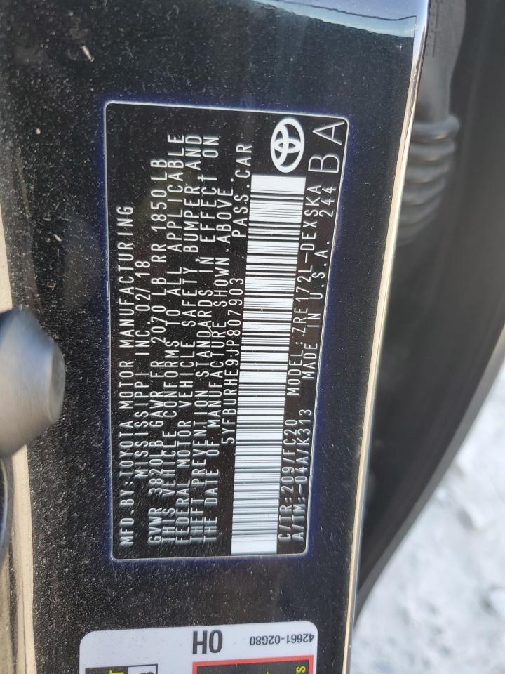 2018 Toyota Corolla VIN 5YFBURHE9JP807903 Copart auction photo, rear end / minor dent/scratches damage thumbnail 12