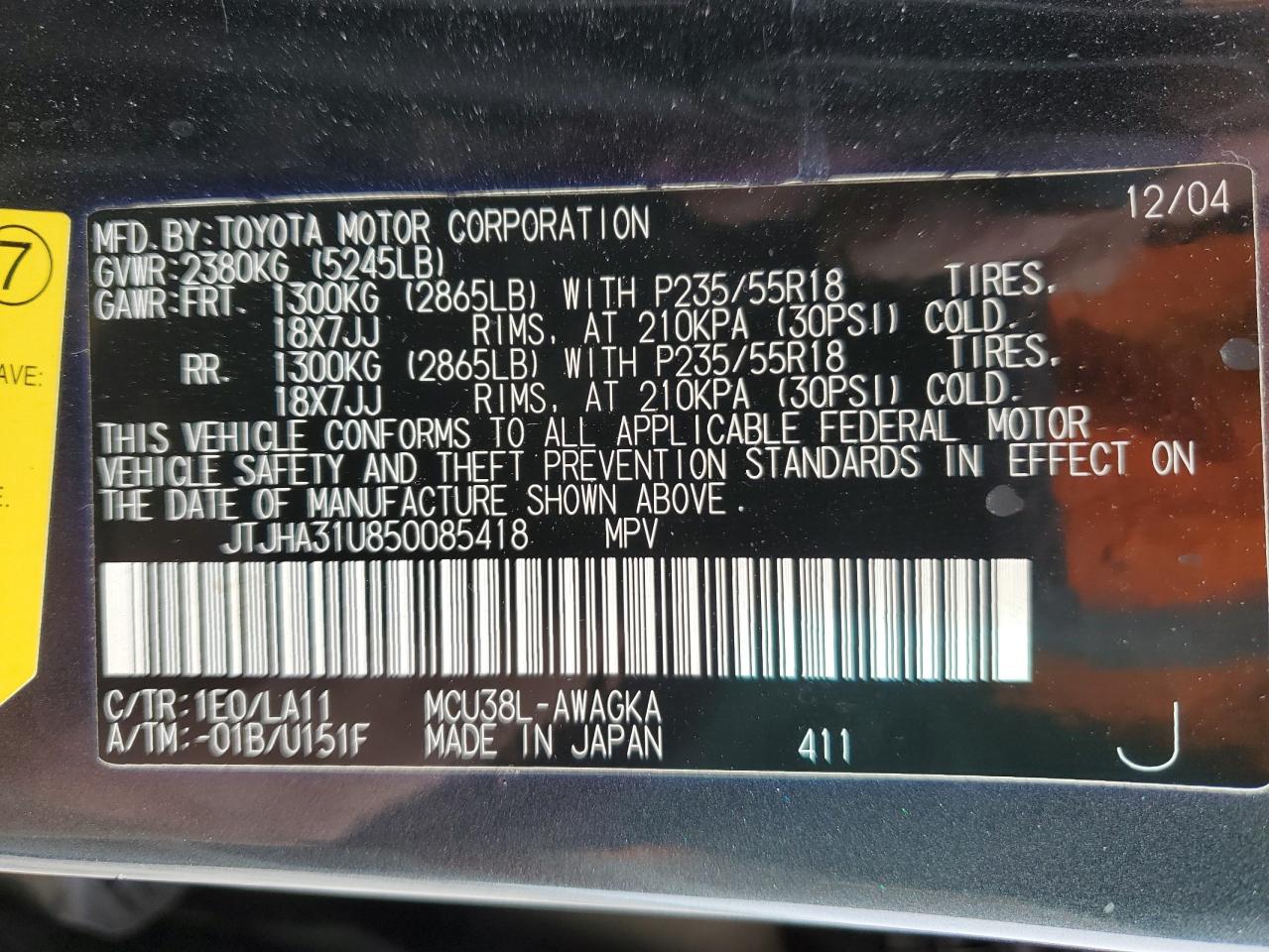 2005 Lexus RX VIN JTJHA31U850085418 Copart auction photo, front end / side damage thumbnail 15