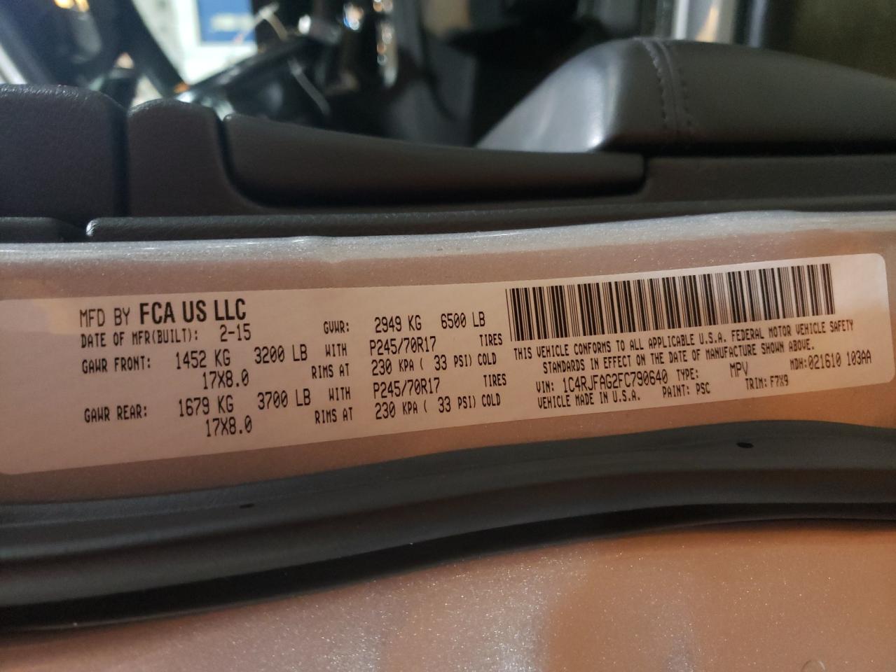 2015 Jeep Grand Cherokee VIN 1C4RJFAG2FC790640 Copart auction photo, front end damage thumbnail 14