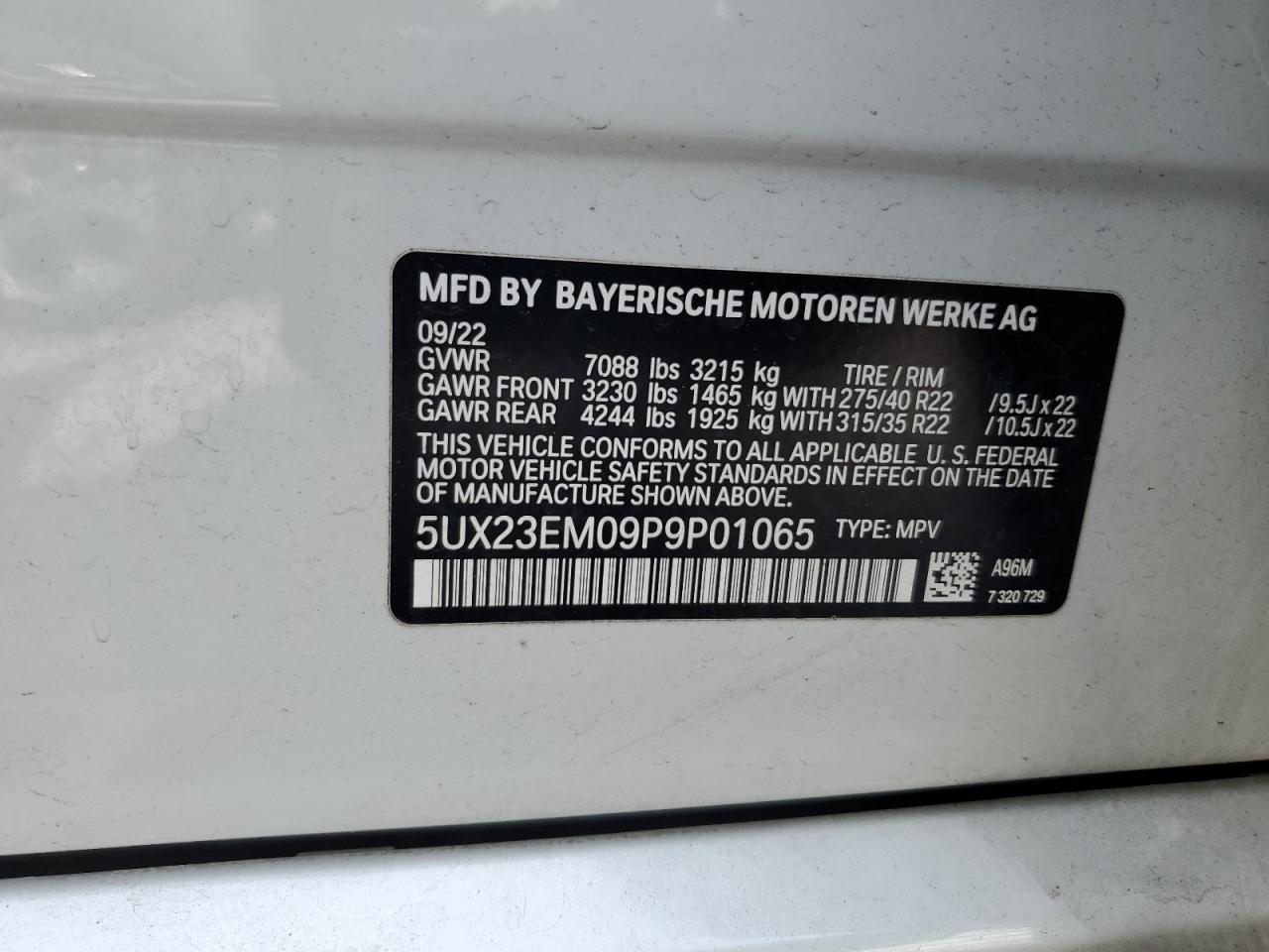 2023 BMW X7 VIN 5UX23EM09P9P01065 Copart auction photo, front end damage thumbnail 15