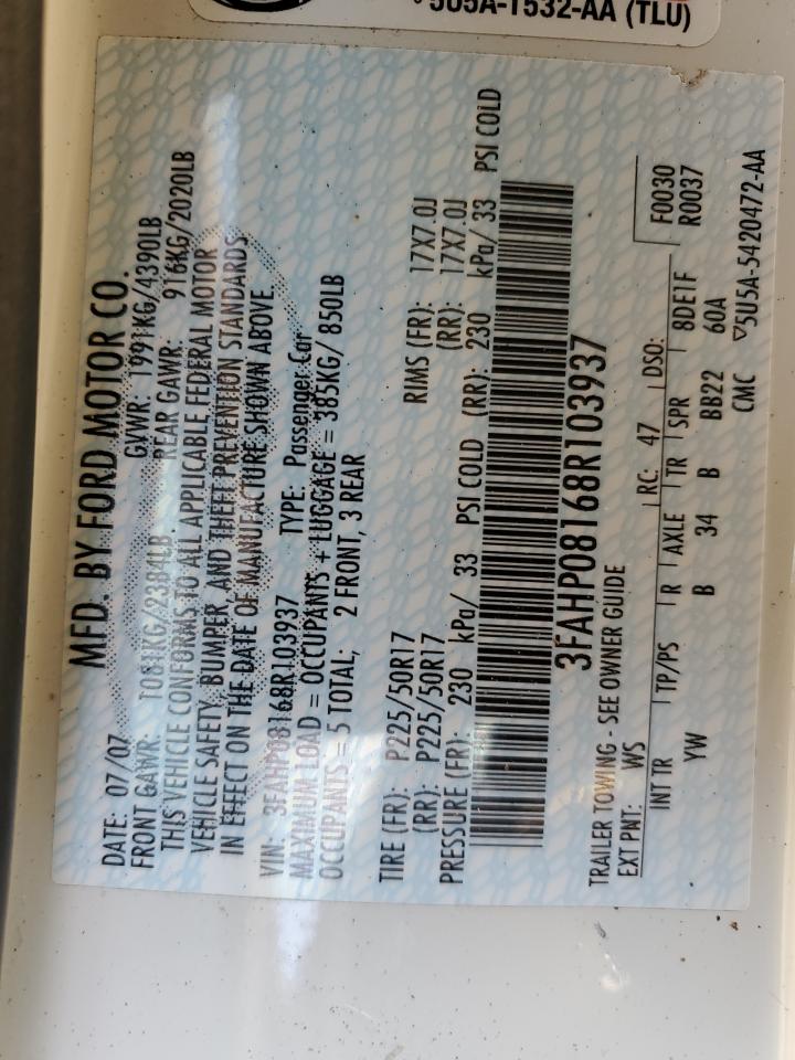 2008 Ford Fusion VIN 3FAHP08168R103937 Copart auction photo, front end damage thumbnail 14