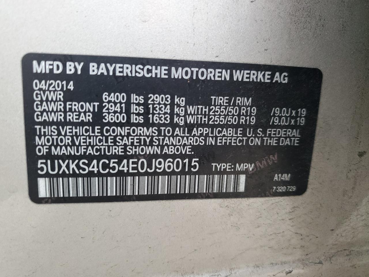 2014 BMW X5 VIN 5UXKS4C54E0J96015 Copart auction photo, front end / minor dent/scratches damage thumbnail 13