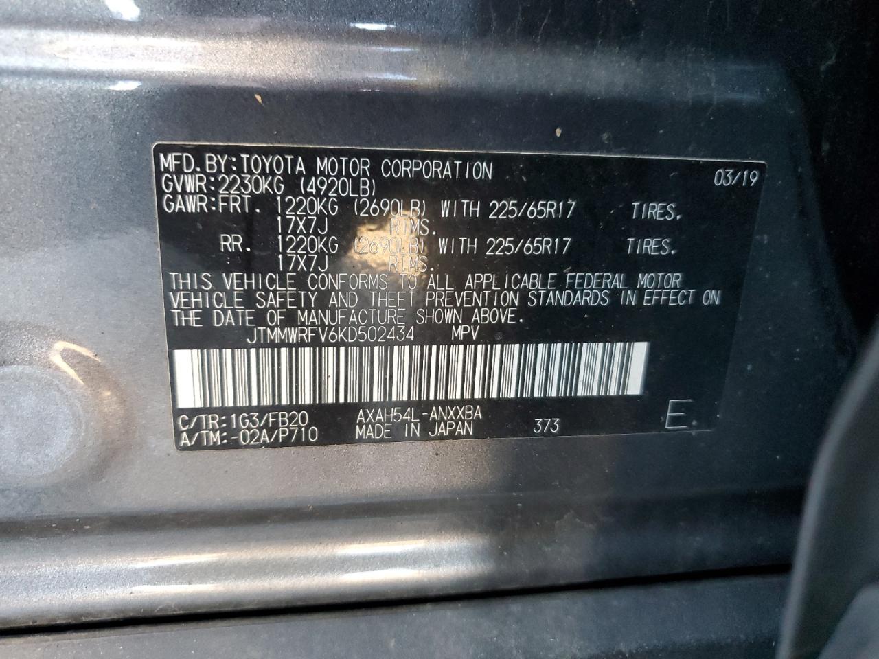 2019 Toyota RAV 4 VIN JTMMWRFV6KD502434 Copart auction photo, front end damage thumbnail 13
