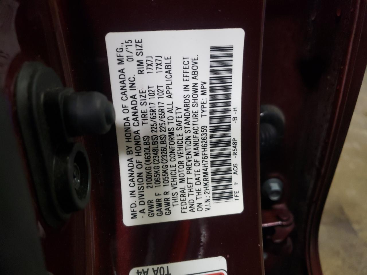 2015 Honda CR-V VIN 2HKRM4H76FH626359 Copart auction photo, front end damage thumbnail 12