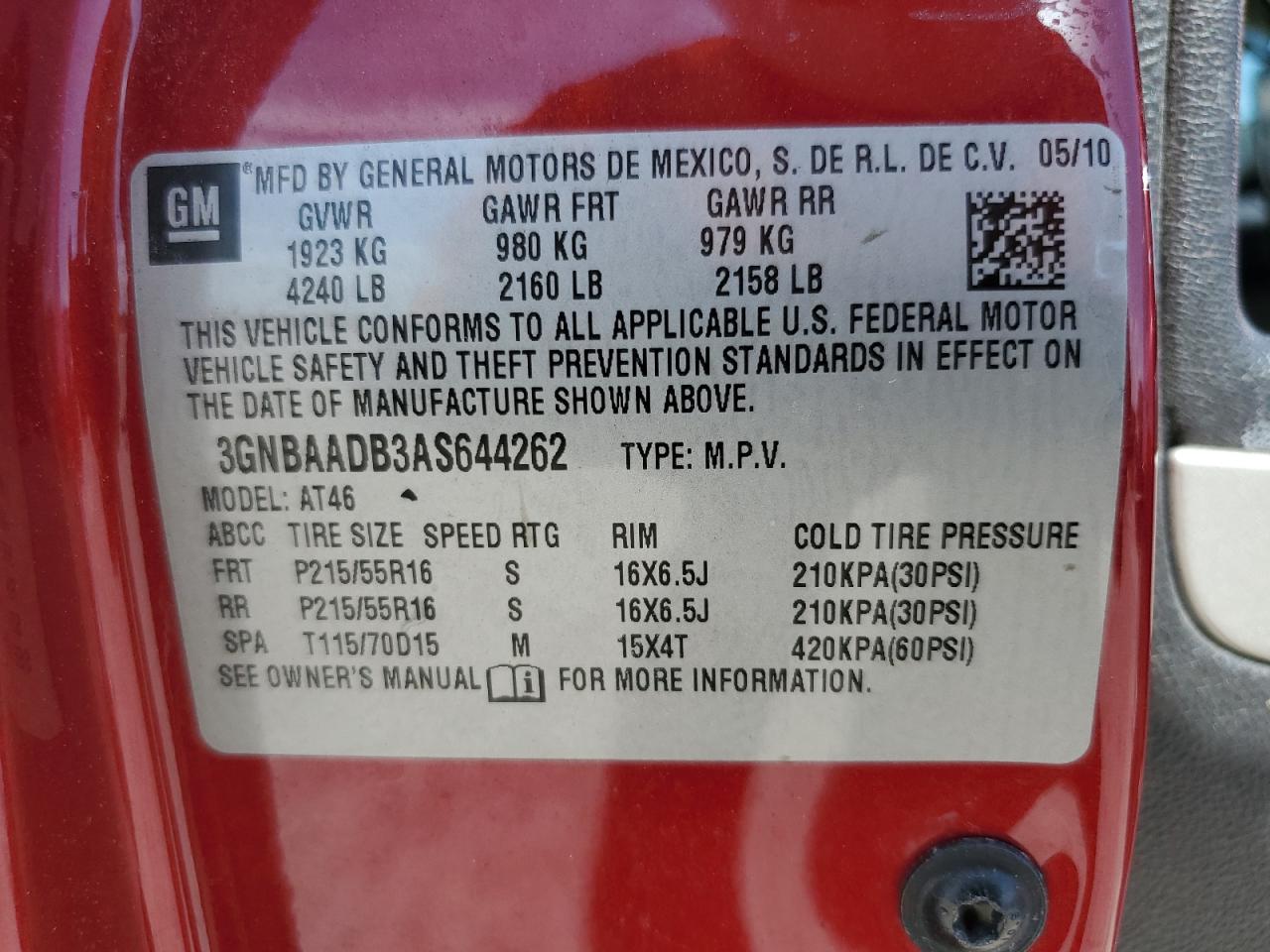 2010 Chevrolet HHR VIN 3GNBAADB3AS644262 Copart auction photo, front end / rear end damage thumbnail 13