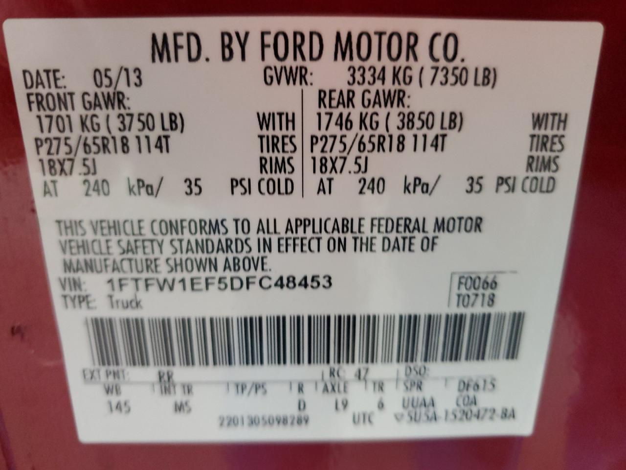 2013 Ford F-150 VIN 1FTFW1EF5DFC48453 Copart auction photo, front end / side damage thumbnail 12