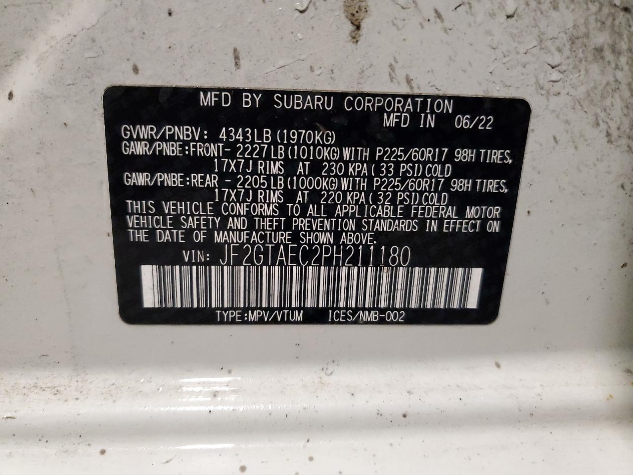 2023 Subaru XV VIN JF2GTAEC2PH211180 Copart auction photo, front end damage thumbnail 13