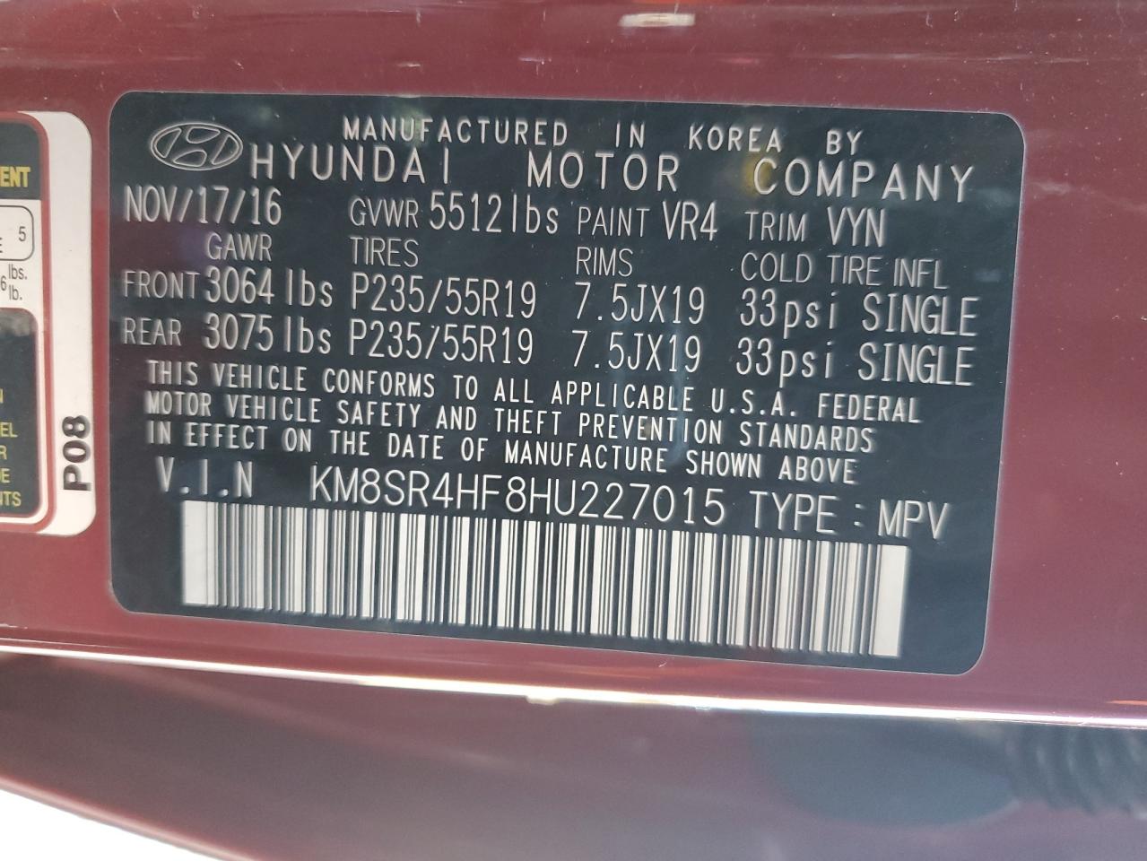 2017 Hyundai Santa Fe VIN KM8SR4HF8HU227015 Copart auction photo, side damage thumbnail 12