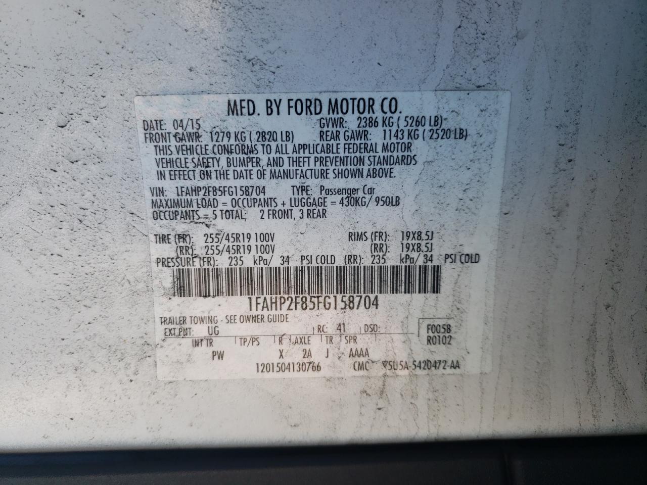 2015 Ford Taurus VIN 1FAHP2F85FG158704 Copart auction photo, front end / side damage thumbnail 14