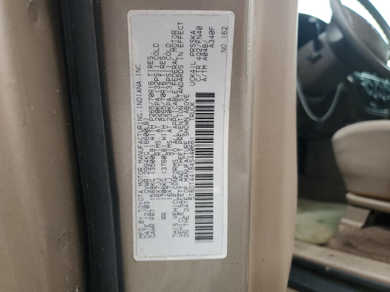 2004 Toyota Tundra VIN 5TBDT44184S440661 Copart auction photo, water/flood damage thumbnail 13