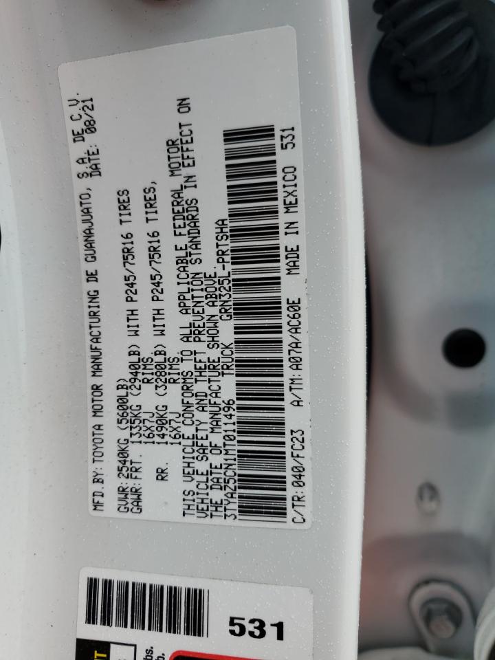 2021 Toyota Tacoma VIN 3TYAZ5CN1MT011496 Copart auction photo, rear end damage thumbnail 12