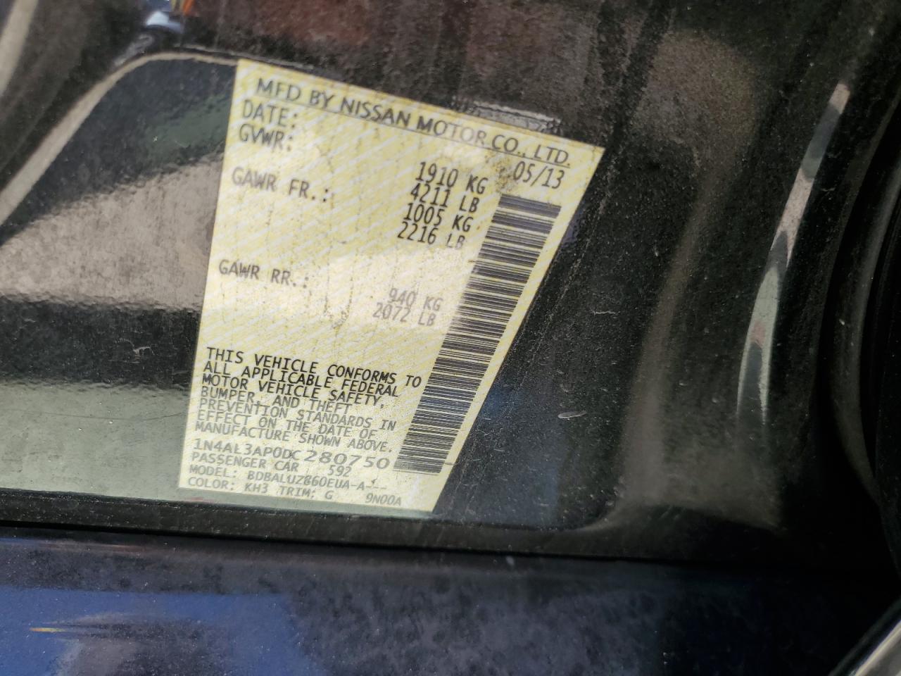 2013 Nissan Altima VIN 1N4AL3AP0DC280750 Copart auction photo, rear end / minor dent/scratches damage thumbnail 12