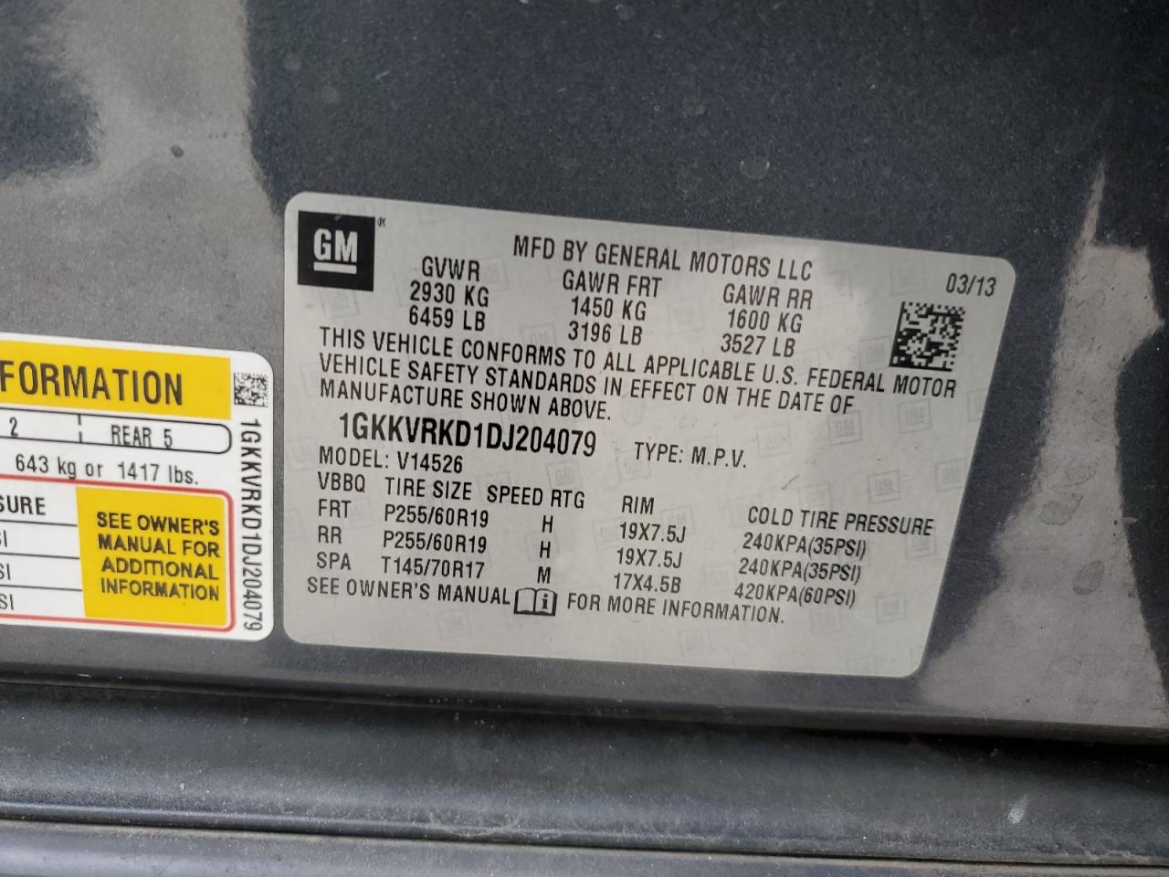 2013 GMC Acadia VIN 1GKKVRKD1DJ204079 Copart auction photo, front end damage thumbnail 13