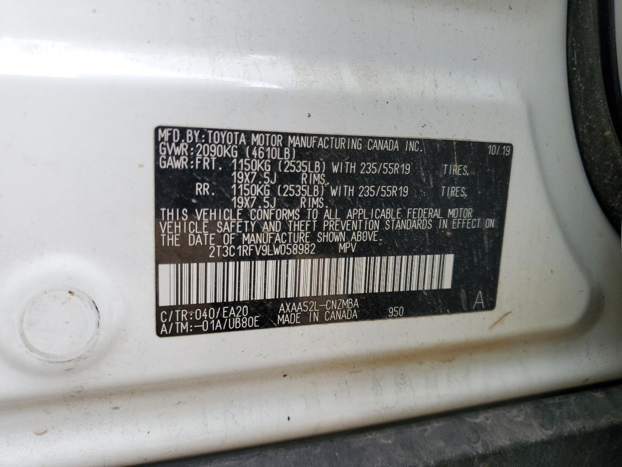 2020 Toyota RAV 4 VIN 2T3C1RFV9LW058982 Copart auction photo, side damage thumbnail 12